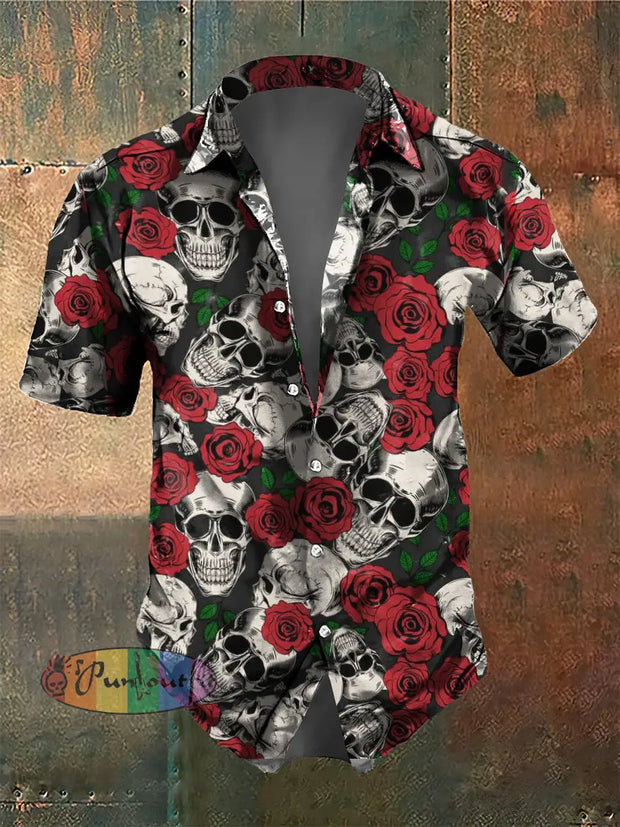 Men’s Retro Dark Style Skull And Rose Print Shirt Red / S