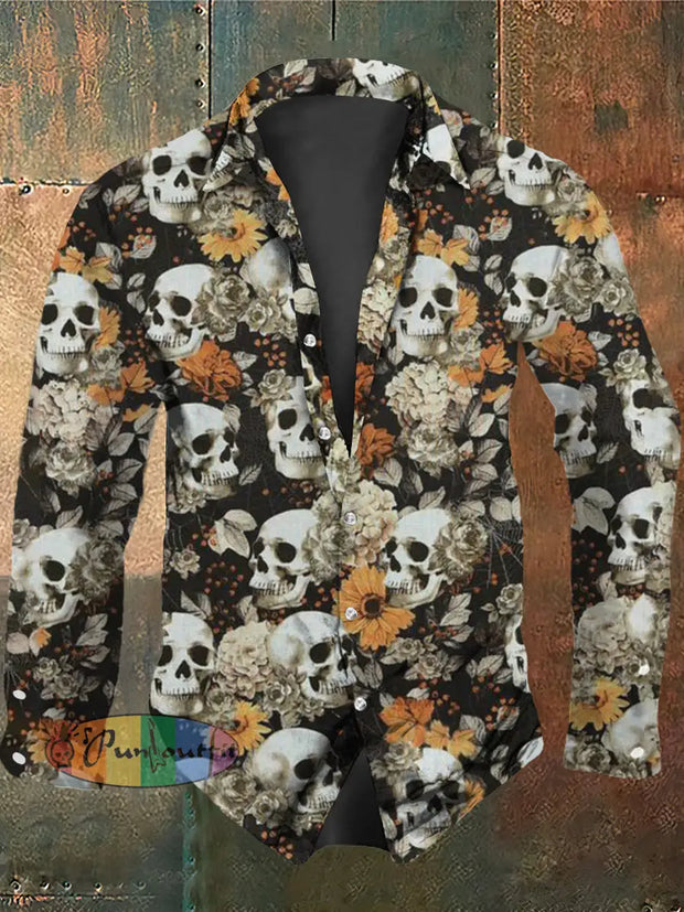 Men’s Retro Dark Style Skull Daisy Print Long Sleeve Shirt Black / S