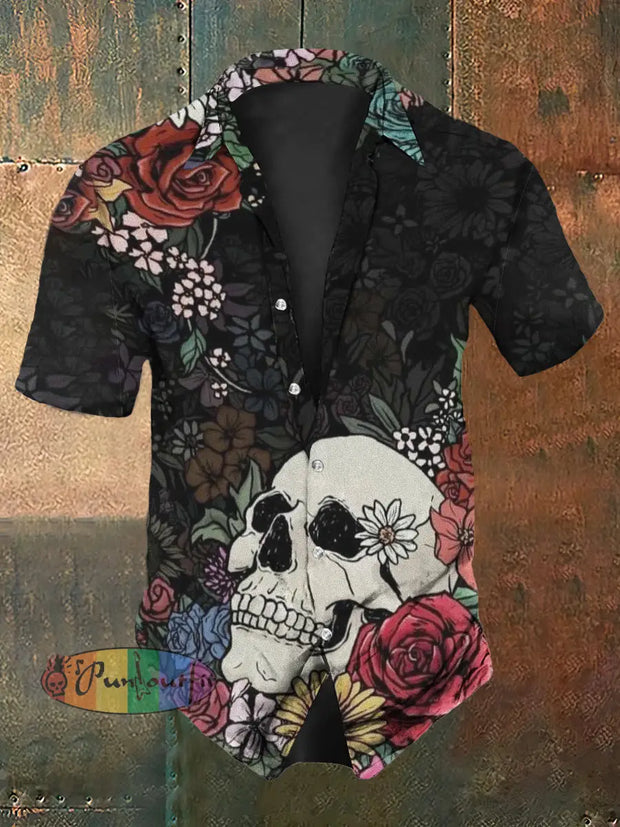 Men’s Retro Dark Style Skull Floral Print Casual Shirt Black / S