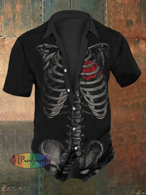 Men’s Retro Dark Style Skull Heart Print Casual Shirt Black / S