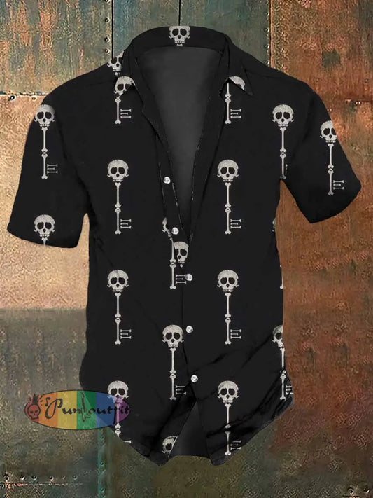 Men’s Retro Dark Style Skull Key Print Casual Vintage Shirt Black / S