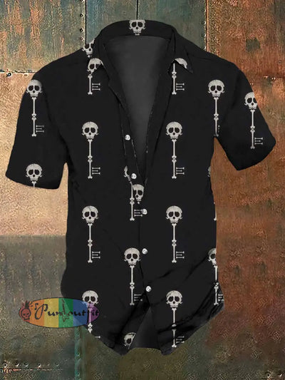 Men’s Retro Dark Style Skull Key Print Casual Vintage Shirt Black / S