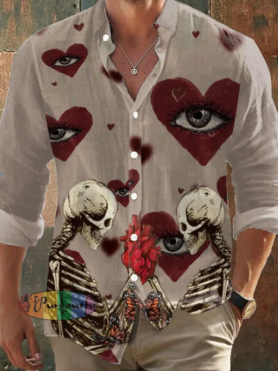 Men’s Retro Dark Style Skull Love Foever Print Long Sleeve Shirt Colorful / S