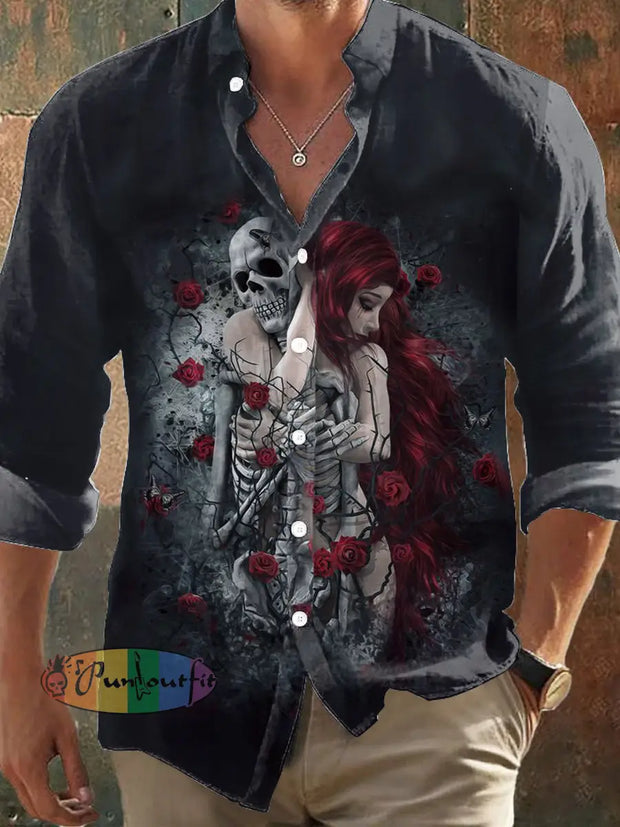 Men’s Retro Dark Style Skull Love Print Long Sleeve Shirt Colorful / S