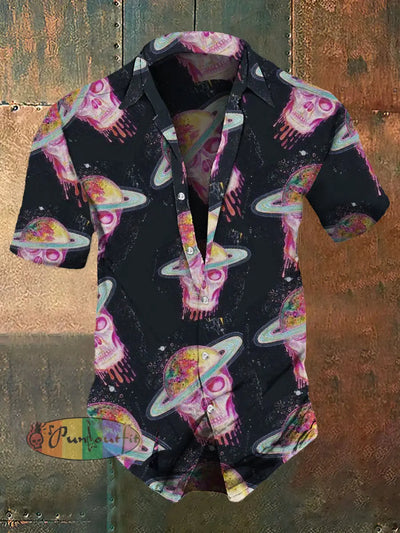 Men’s Retro Dark Style Skull Print Casual Shirt Black / S