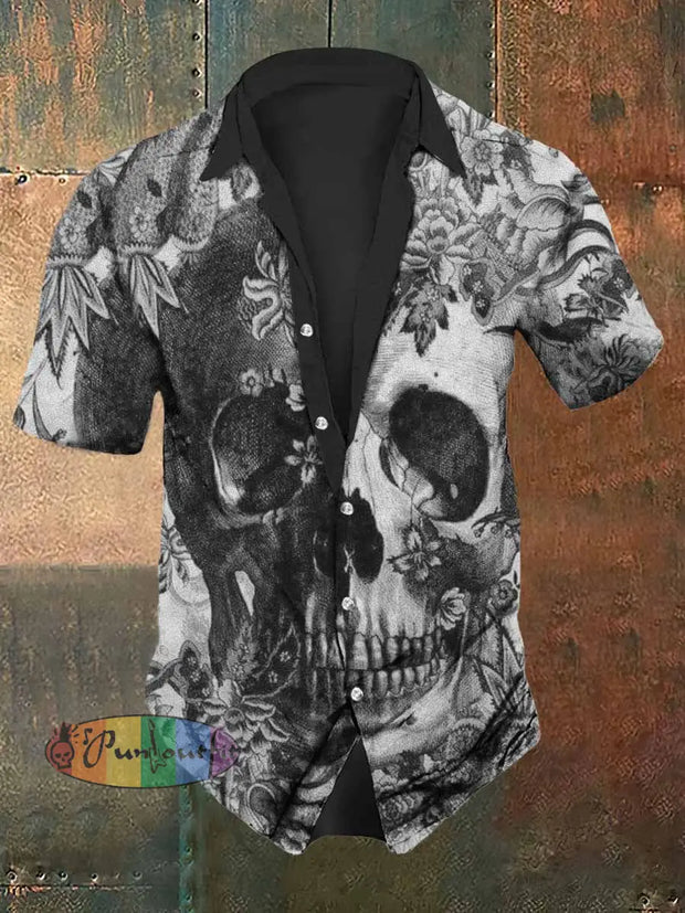 Men’s Retro Dark Style Skull Print Casual Shirt Black / S