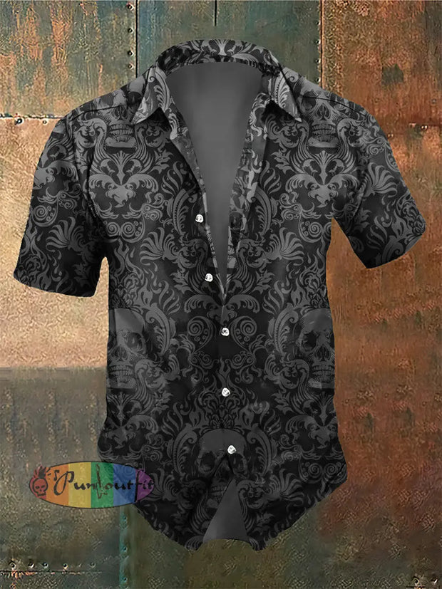 Men’s Retro Dark Style Skull Print Casual Shirt Black / S