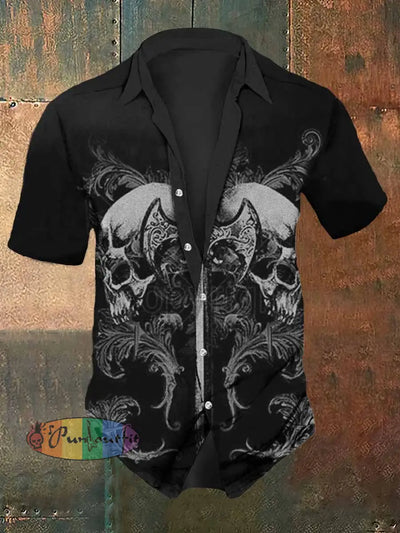 Men’s Retro Dark Style Skull Print Casual Shirt Black / S