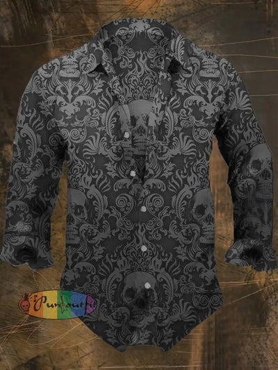 Men’s Retro Dark Style Skull Print Casual Shirt Long Sleeve Black / S