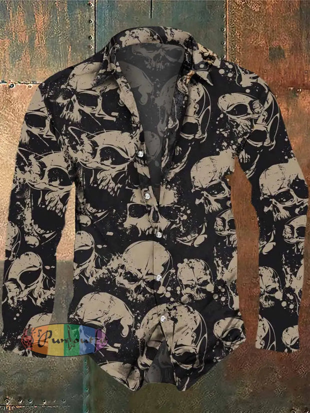 Men’s Retro Dark Style Skull Print Casual Vintage Shirt Black / S