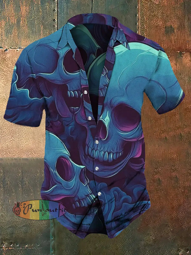 Men’s Retro Dark Style Skull Print Casual Vintage Shirt Colorful / S