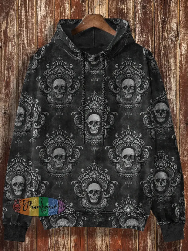 Men’s Retro Dark Style Skull Print Casual Vintage Shirt Hooded Sweatshirt / S