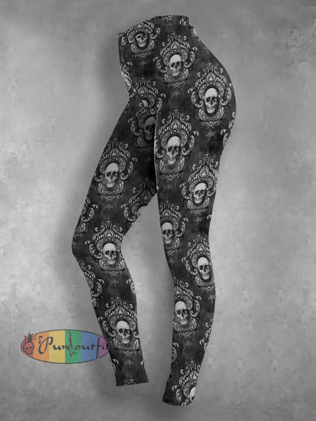 Men’s Retro Dark Style Skull Print Casual Vintage Shirt Leggings / S