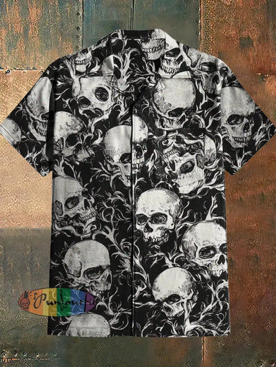 Men’s Retro Dark Style Skull Print Cuban Collar Shirt With Short Sleeves Black / S