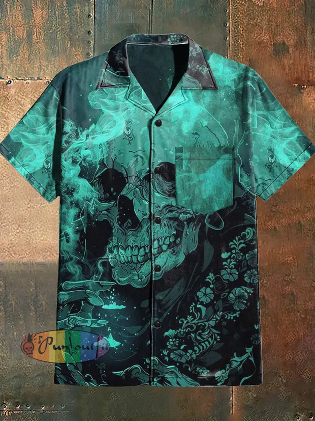 Men’s Retro Dark Style Skull Print Cuban Collar Shirt With Short Sleeves Green / S