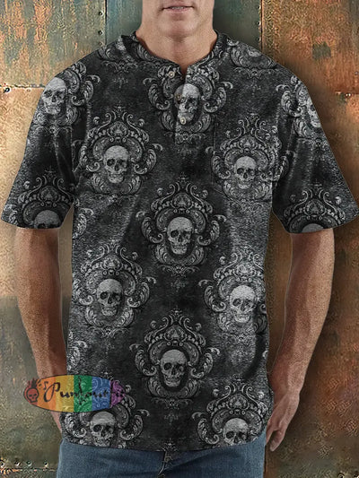 Men’s Retro Dark Style Skull Print Henley Collar Pocket T-Shirt Black / S