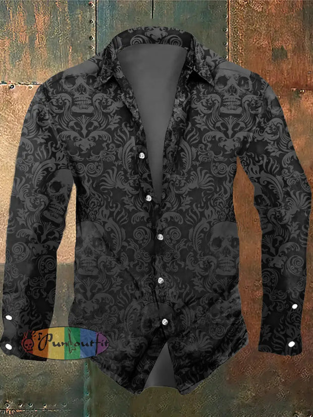 Men’s Retro Dark Style Skull Print Long Sleeve Shirt Black / S