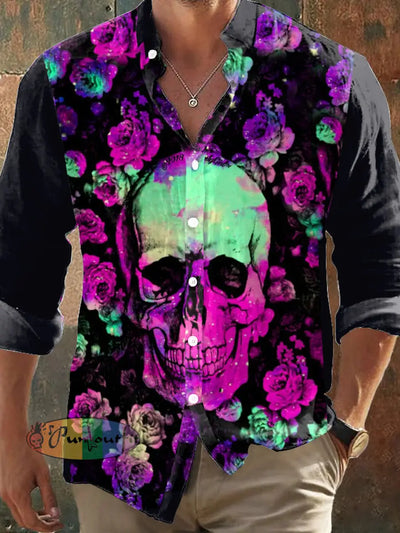 Men’s Retro Dark Style Skull Print Long Sleeve Shirt Colorful / S