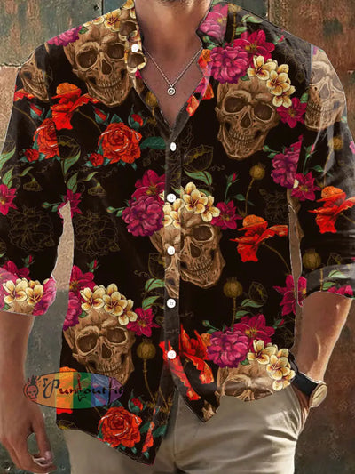 Men’s Retro Dark Style Skull Print Long Sleeve Shirt Colorful / S