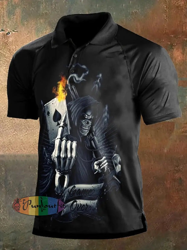 Men’s Retro Dark Style Skull Print Polo Shirt Black / S Polo