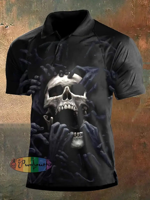 Men’s Retro Dark Style Skull Print Polo Shirt Black / S Polo