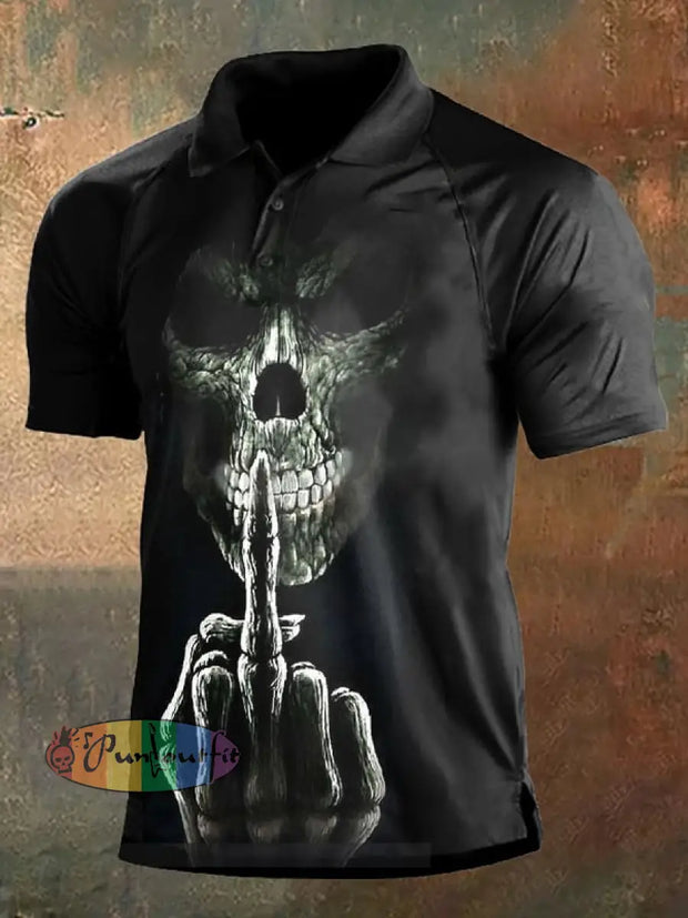 Men’s Retro Dark Style Skull Print Polo Shirt Black / S Polo