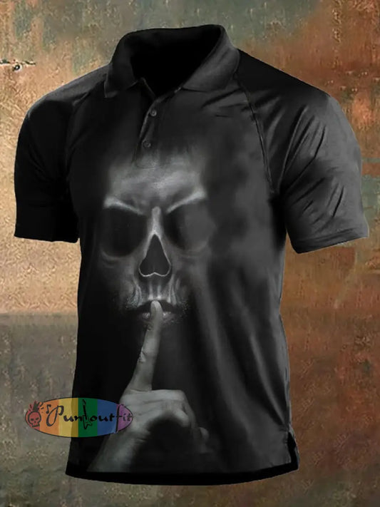 Men’s Retro Dark Style Skull Print Polo Shirt Black / S Polo