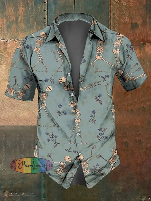 Men’s Retro Dark Style Skull Print Shirt Haze Blue / S Shirts