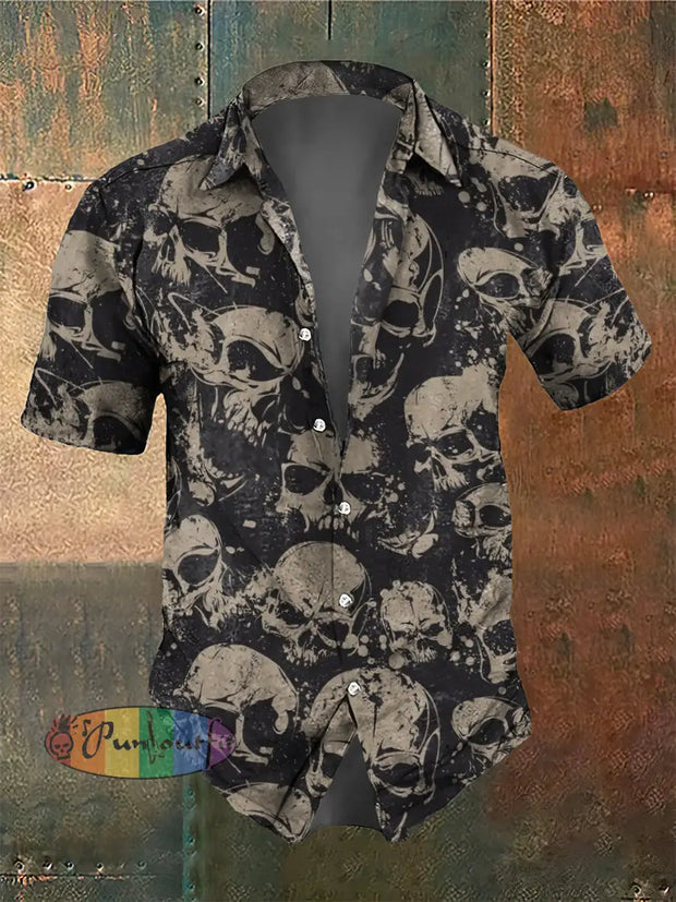 Men’s Retro Dark Style Skull Print Short Sleeve Shirt Black / S