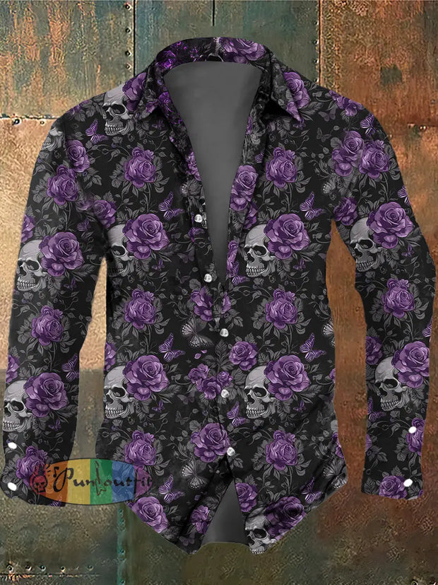 Men’s Retro Dark Style Skull Rose Butterfly Long Sleeve Shirt Black / S