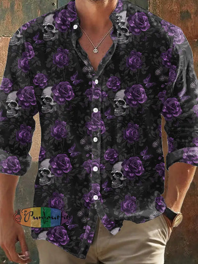 Men’s Retro Dark Style Skull Rose Butterfly Print Shirt Black / S