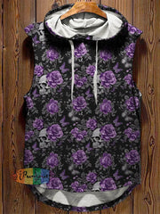 Men’s Retro Dark Style Skull Rose Butterfly Print Shirt Hooded Tank Top / S