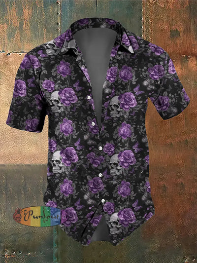 Men’s Retro Dark Style Skull Rose Butterfly Print Shirt Short Sleeve Shirt / S