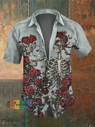 Men’s Retro Dark Style Skull Rose Garden Print Shirt Colorful / S