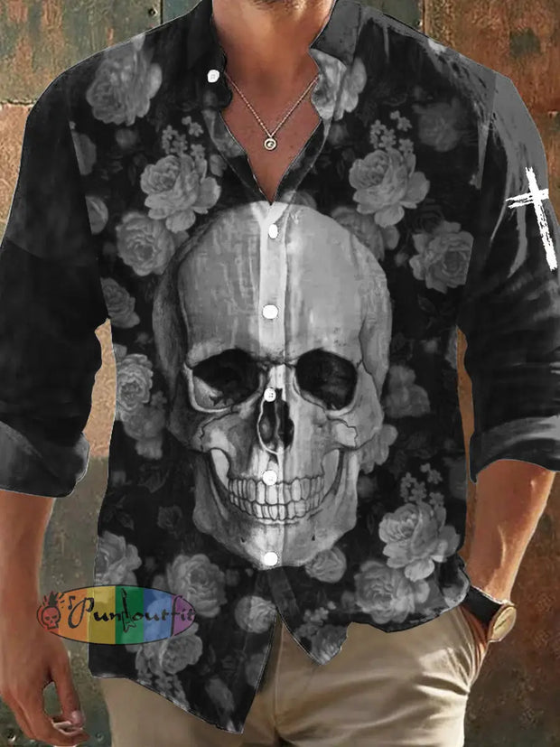 Men’s Retro Dark Style Skull Rose Print Long Sleeve Shirt Black / S