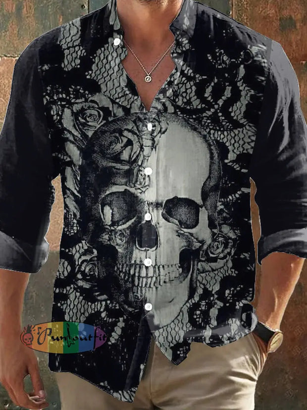 Men’s Retro Dark Style Skull Rose Print Long Sleeve Shirt Black / S