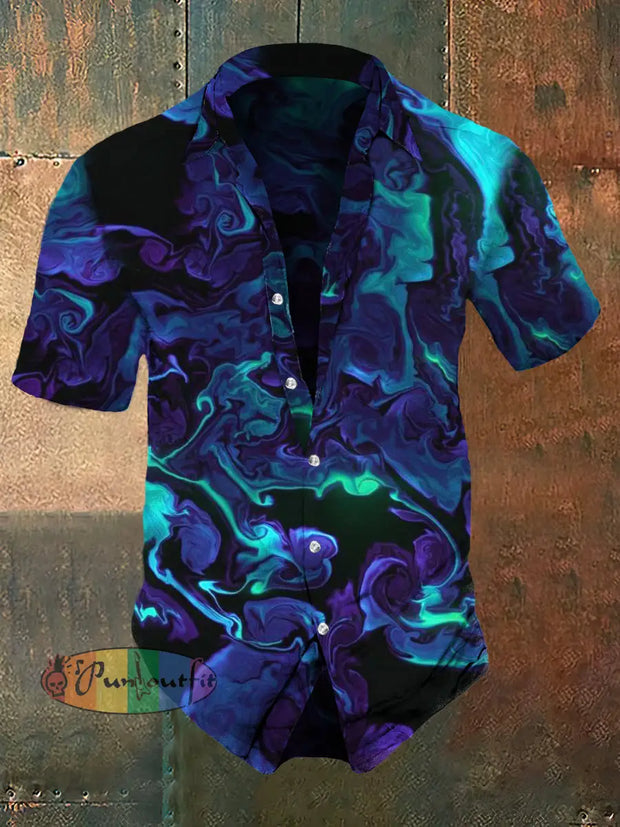 Men’s Retro Dark Style Spray Print Casual Shirt Navy Blue / S