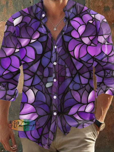 Men’s Retro Dark Style Stained Glass Print Long Sleeve Shirt Purple / S