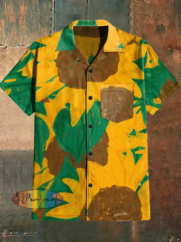 Men’s Retro Dark Style Sunflowers Print Cuban Collar Shirt With Short Sleeves Yellow / S