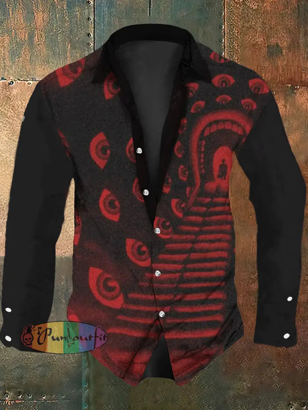 Men’s Retro Devil’s Road Print Casual Shirt Long Sleeve Red / S