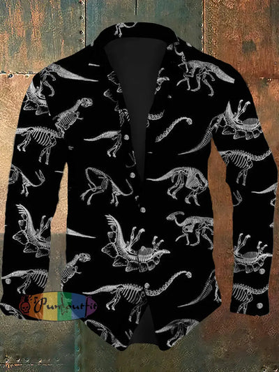 Men’s Retro Dinosaur Bone Print Casual Fashion Lapel Long Sleeved Shirt Black / S