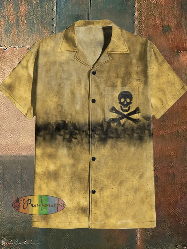 Men’s Retro Distressed Skull Print Cuban Collar Shirt With Short Sleeves Yellow / S