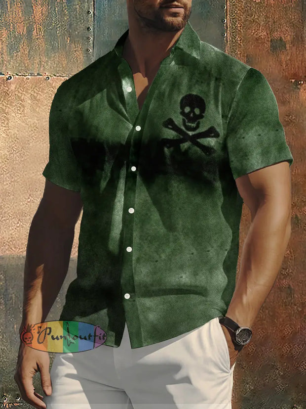 Men’s Retro Distressed Skull Short Sleeve Casual Shirt Green / S