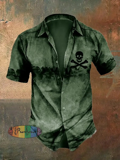 Men’s Retro Distressed Skull Short Sleeve Shirt Army Green / S Shirts