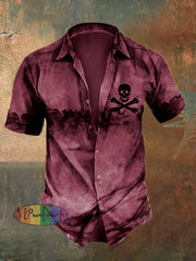 Men’s Retro Distressed Skull Short Sleeve Shirt Dark Red / S Shirts