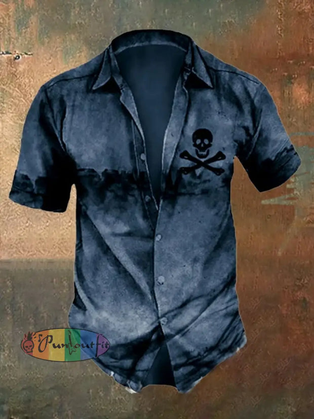 Men’s Retro Distressed Skull Short Sleeve Shirt Navy / S Shirts