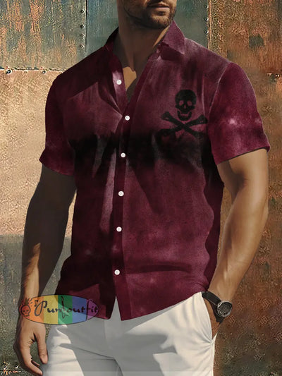 Men’s Retro Distressed Skull Short Sleeve Shirt Red / S