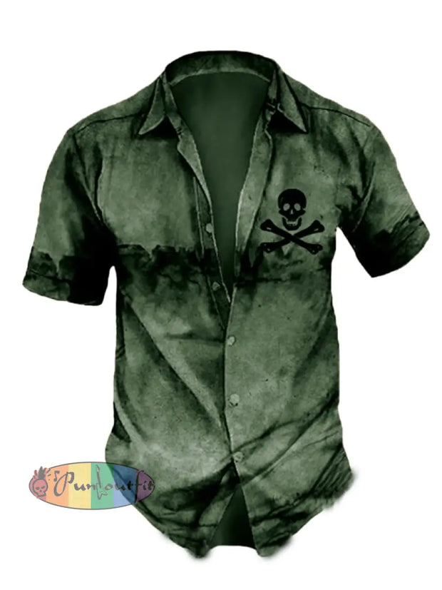 Men’s Retro Distressed Skull Short Sleeve Shirt Shirts