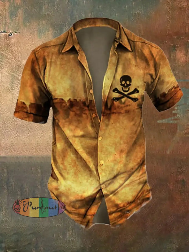 Men’s Retro Distressed Skull Short Sleeve Shirt Yellow / S Shirts