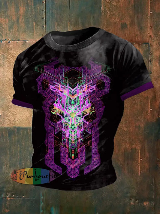 Men’s Retro Electronic Music Festival Colourful Glittering Techno Lines Abstract Print Casual Cotton Short Sleeve